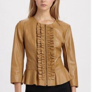 TORY BURCH Peplum Camel Leather Jacket Size 2